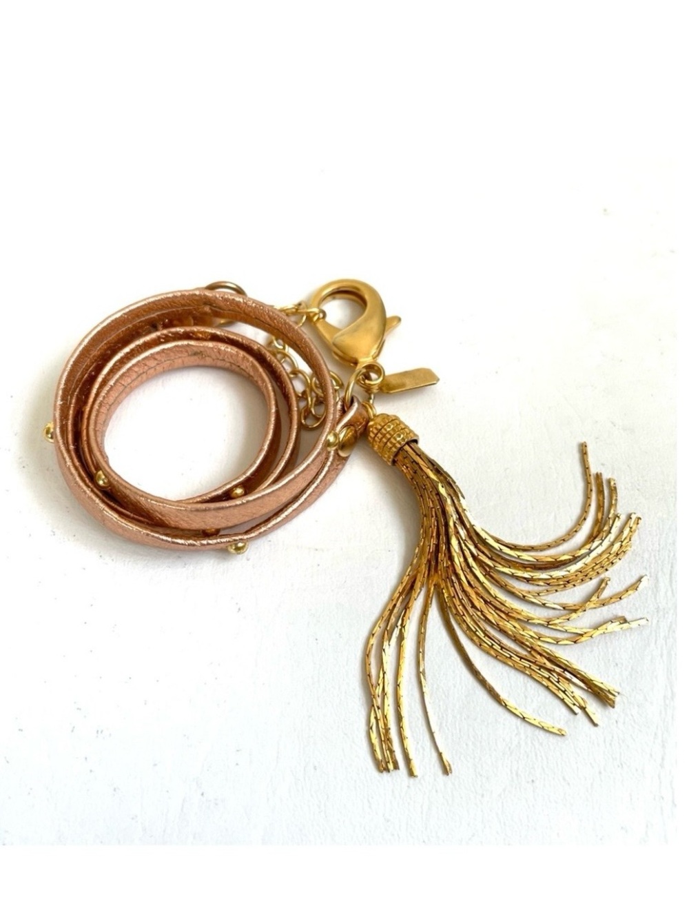 ARTISAN LEATHER ROSE GOLD TRIPLE WRAP BRACELET TASSEL STUDS CHUNKY LOBSTER CLAW